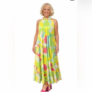 Entro Watercolor Bright Pastel Tie Neck Maxi Dress Size Small